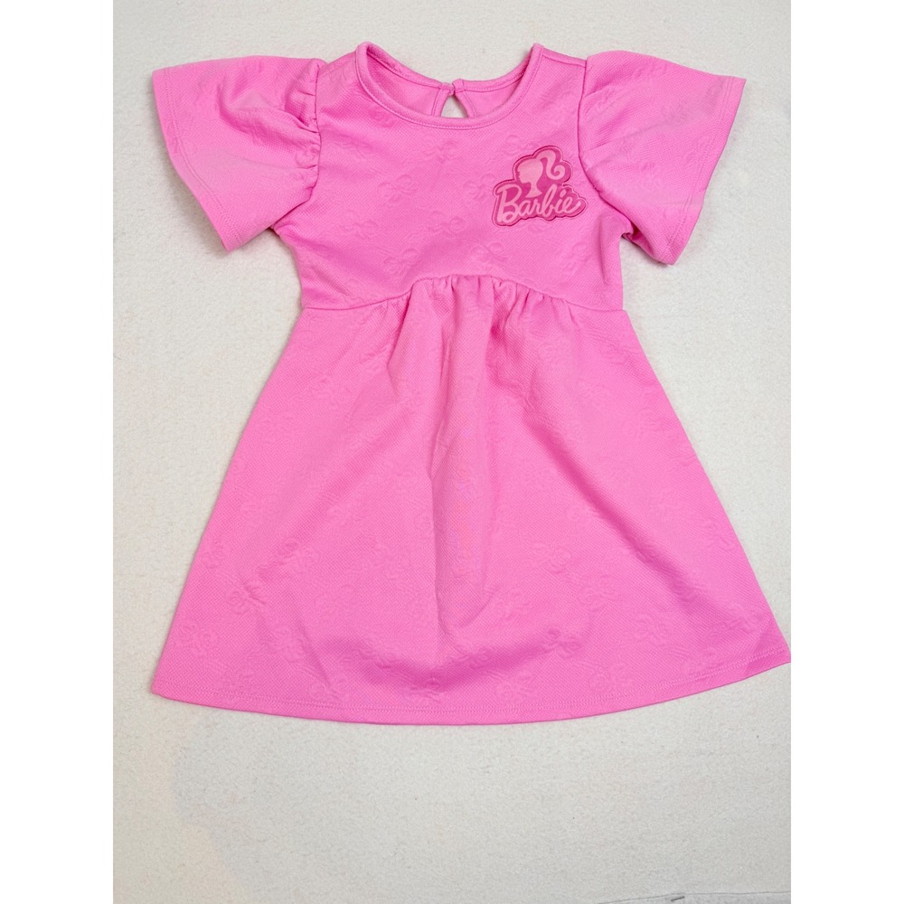 Barbie Pink Flutter Sleeve Embossed Bow Dress Girls Size 3T Hybrid Apparel